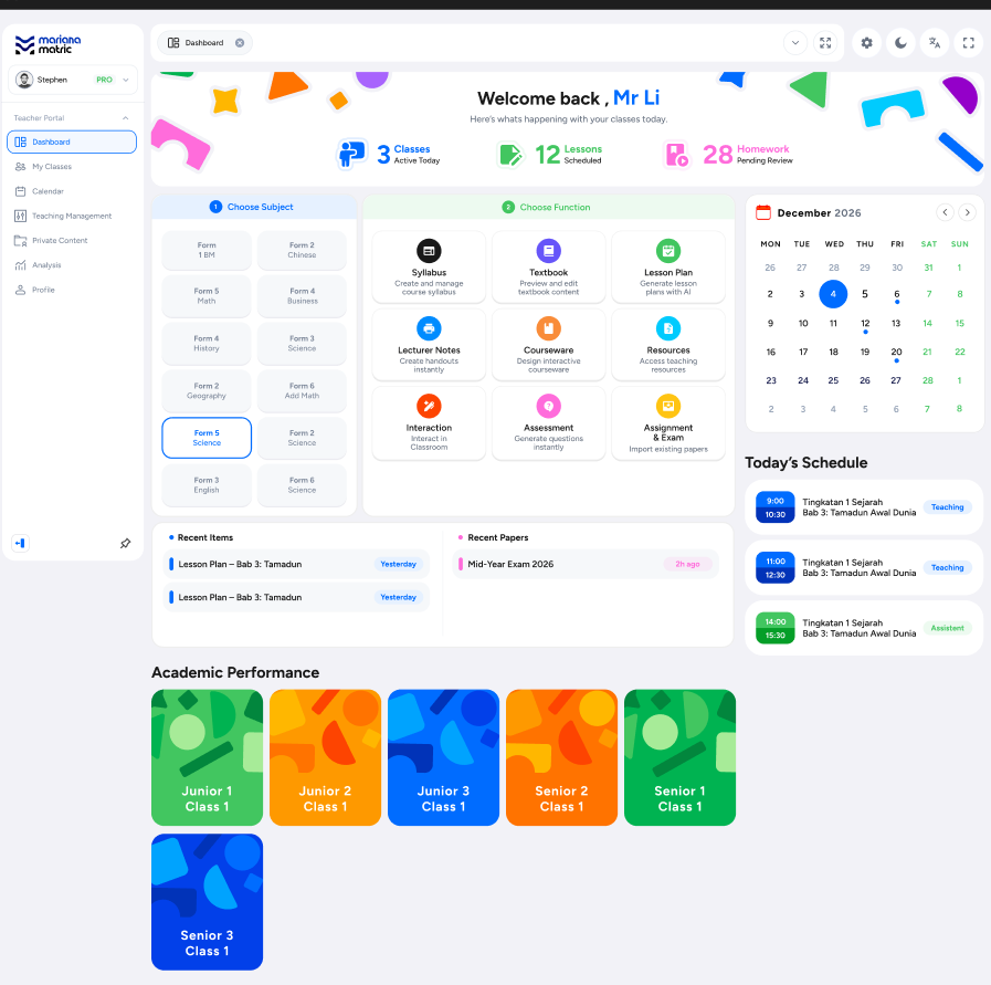 MarianaMatric desktop teaching workspace